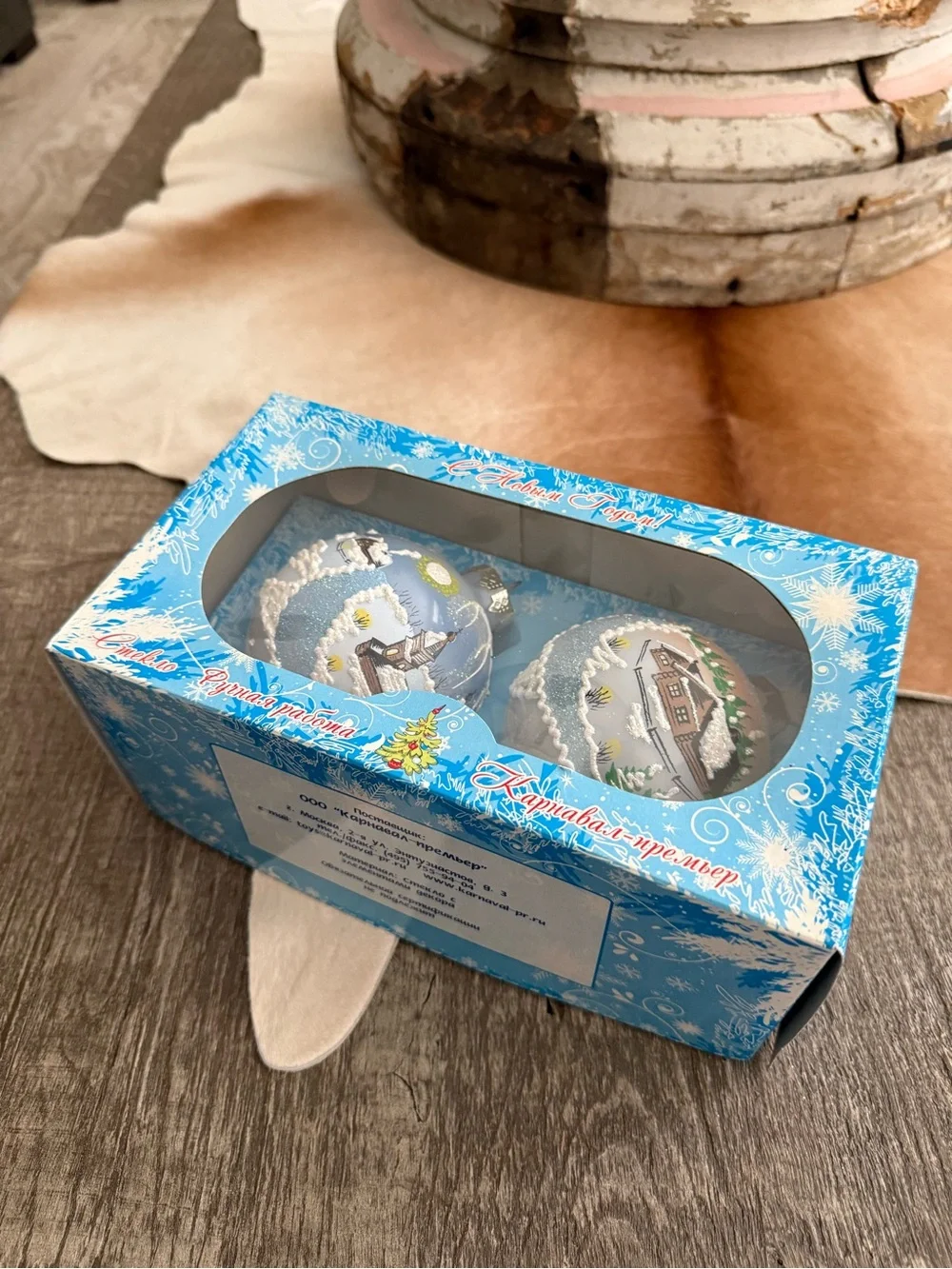 Vintage NIB Russian Glass Hand-painted Ornaments Set of 2